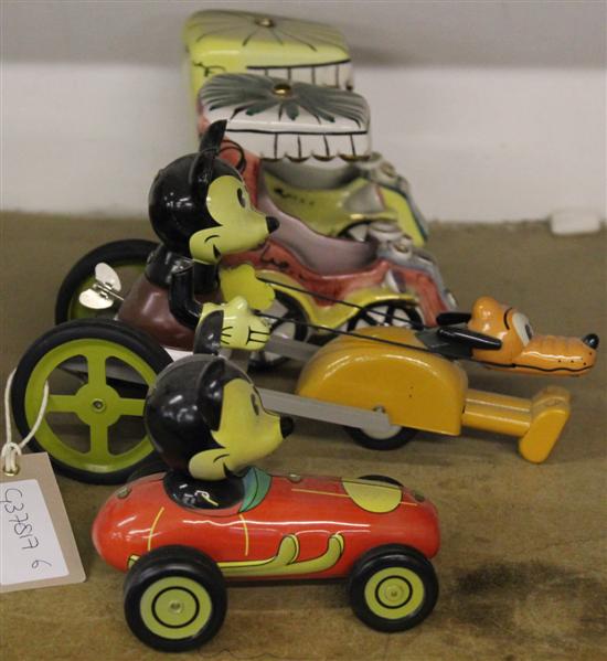 2 Micky Mouse Toys & pair of ceramic vehicles